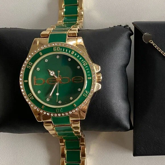 NIB Bebe Emerald Green & Gold Watch Earrings Locket Set - Picture 6 of 14